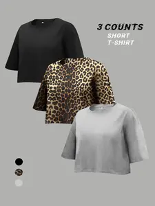 Women's Plain & Leopard Print Tee, Casual Basic Round Neck T-shirt Fit for Summer, Ladies Clothes for Everyday Wear