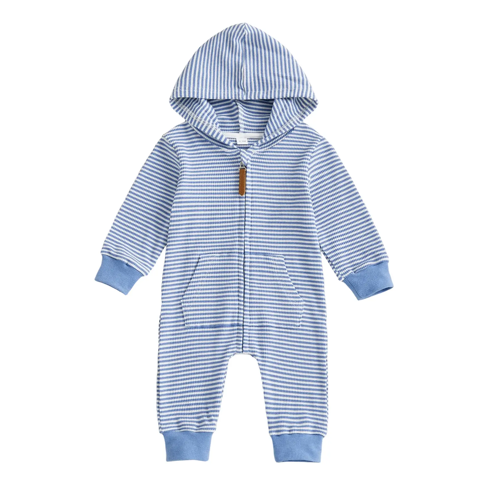 Meihuida Newborn Infant Baby Boy Clothes Striped Waffle Knit Long Sleeve Zipper Hooded Romper Jumpsuit Cute Fall Winter Outfit