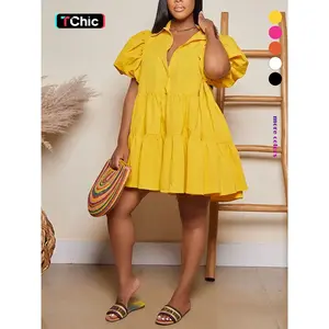 Women's Plain Ruffle Hem Collared Button Front Smock Dress, Casual Puff Sleeve Collar Short Dress for Daily Wear, Ladies Clothes for All Seasons, Womenswear