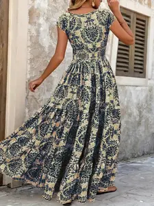 Plus Size Boho Floral Maxi Dress Casual Wear | V Neck | Smocked Waist | Flowy Ruffle Hem | Curvy Women Beach Outfits