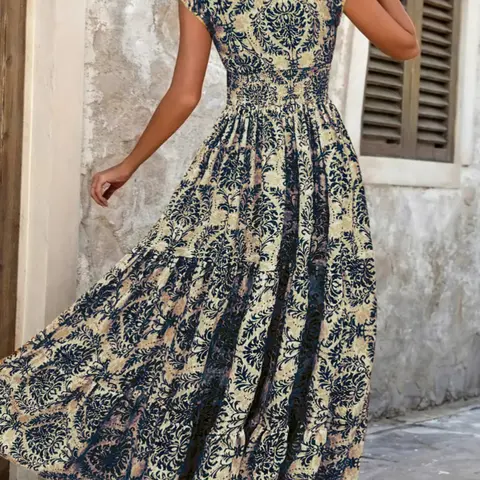 Plus Size Boho Floral Print Bohemian Maxi Dress | Casual Beach Sundress | V Neck | Smocked Waist | Flowy Ruffle Hem | Curvy Women Beach Outfits
