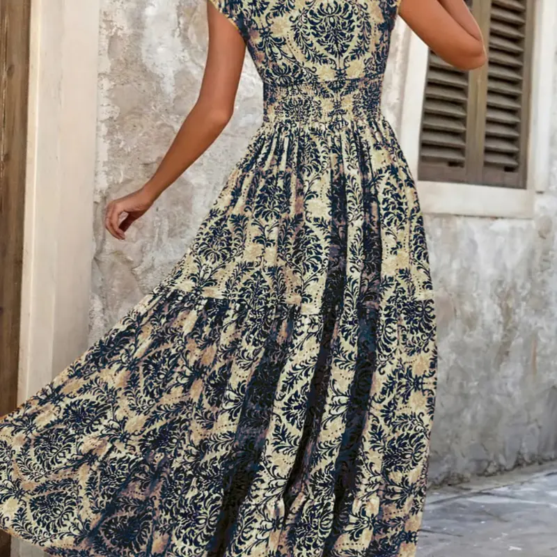 Plus Size Boho Floral Print Bohemian Maxi Dress | Casual Beach Sundress | V Neck | Smocked Waist | Flowy Ruffle Hem | Curvy Women Beach Outfits