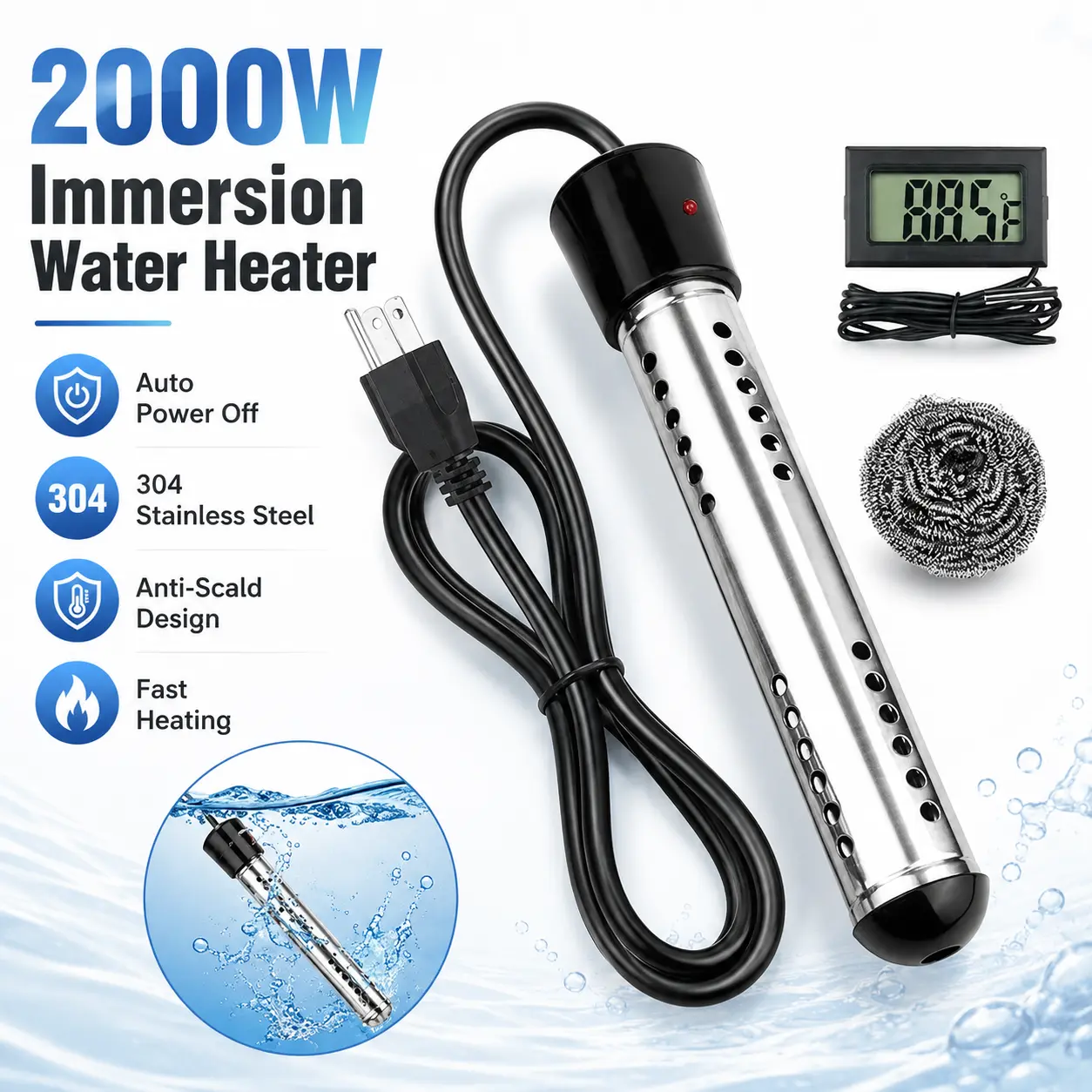 2000W Portable Electric Water Heater with 304 Stainless Steel LCD Thermometer & Bucket Heater for Efficient Safety in Submersible Bathrooms Durable Multifunction for Bathtub & Swimming Pool