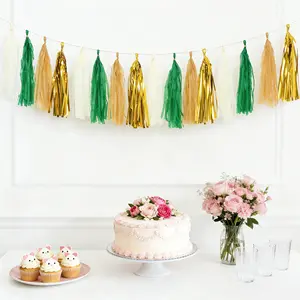 16 Pack Pre-Tied Foil Tassel Garland Banner Decoration – Gold & Green Paper Tassels with 10ft Hanging String
