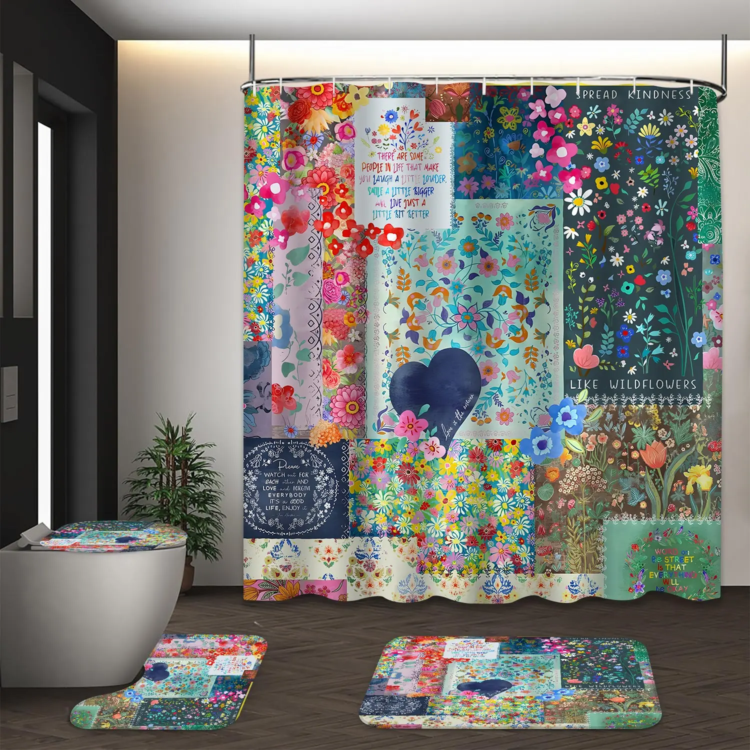 LVRLVR 4Pcs Boho Wildflower Patchwork Inspirational Quote Print Colorful Floral Multi-Color Bohemian Shower Curtain Set For Bathroom 70.8×70.8 Inch Bathroom Shower Curtain Sets