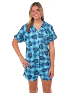 Disney Stitch Pajamas Women's Plaid All-Over Design Notch Collar Sleep Set