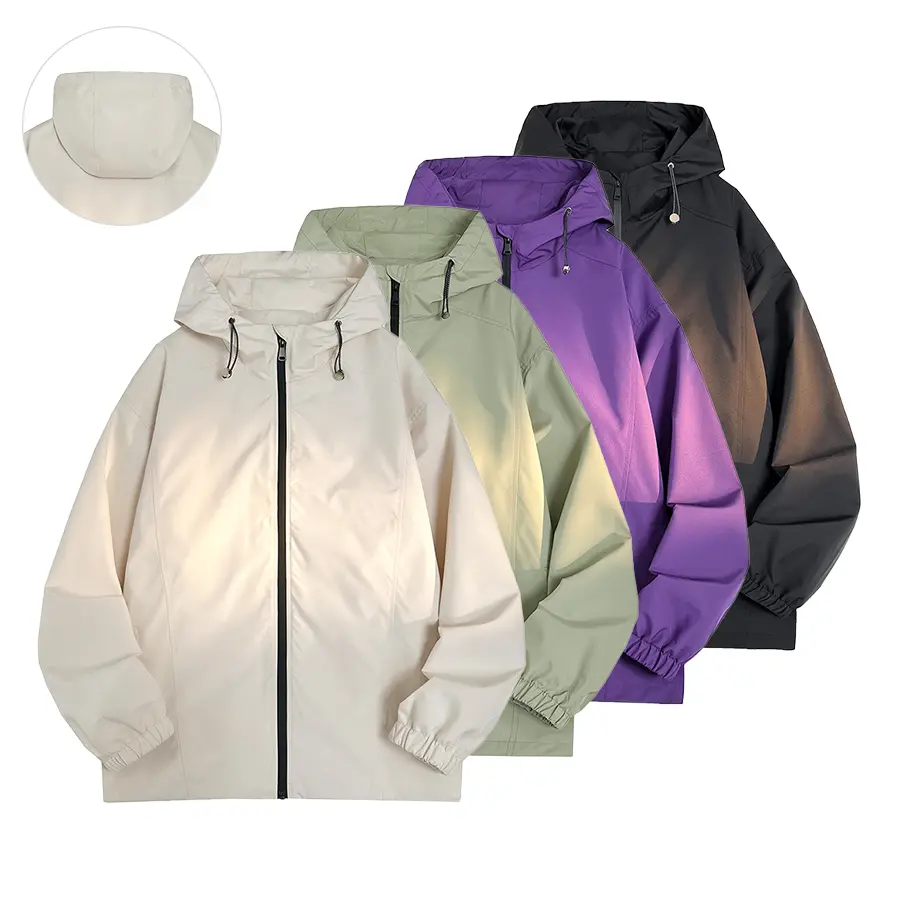 Men’s lightweight zip-up hooded jacket with drawstring hood and elastic cuffs, casual outdoor windbreaker