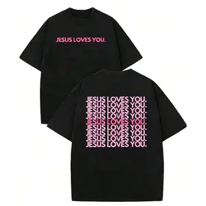 Pink Gradient "JESUS LOVES YOU" Print T-Shirt | Christian Faith Aesthetic Tee | Trendy Casual Cotton Top for Streetwear