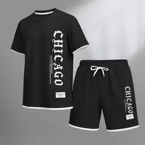 Men's Chicago Letter Print Waffle Fabric Short-Sleeved Shirt And Shorts Set
