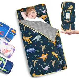 Thickened Toddler Nap Mat with Removable Pillow and Minky Blanket, Extra Large 55''x35'' Sleeping Bag, Washable, Roll up, Perfect for Daycare, Preschool, Kindergarten, Boys and Girls Dinosaur