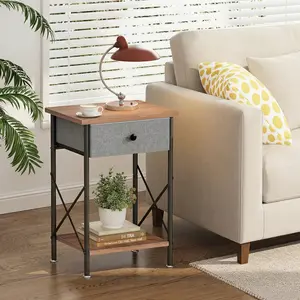 VECELO Nightstand with 1 Fabric Drawers, Narrow Bedside End Table with Storage Shelves, Small Space Organizer for Bedroom, Living Room, or Apartment