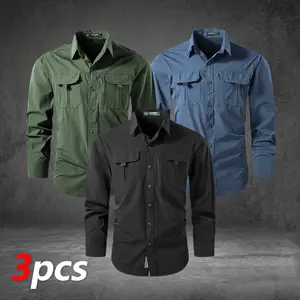 Pack of 3. Men’s solid-color outdoor work shirt with side zipper at the chest and two pockets; lightweight and breathable, multi-pocket design, suitable for outdoor leisure and everyday wear.Summervibes