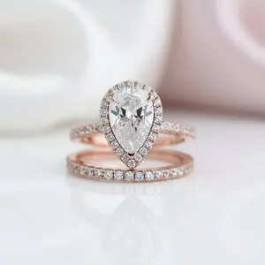Rose Gold White Sapphire Pear Cut Wedding Ring Set