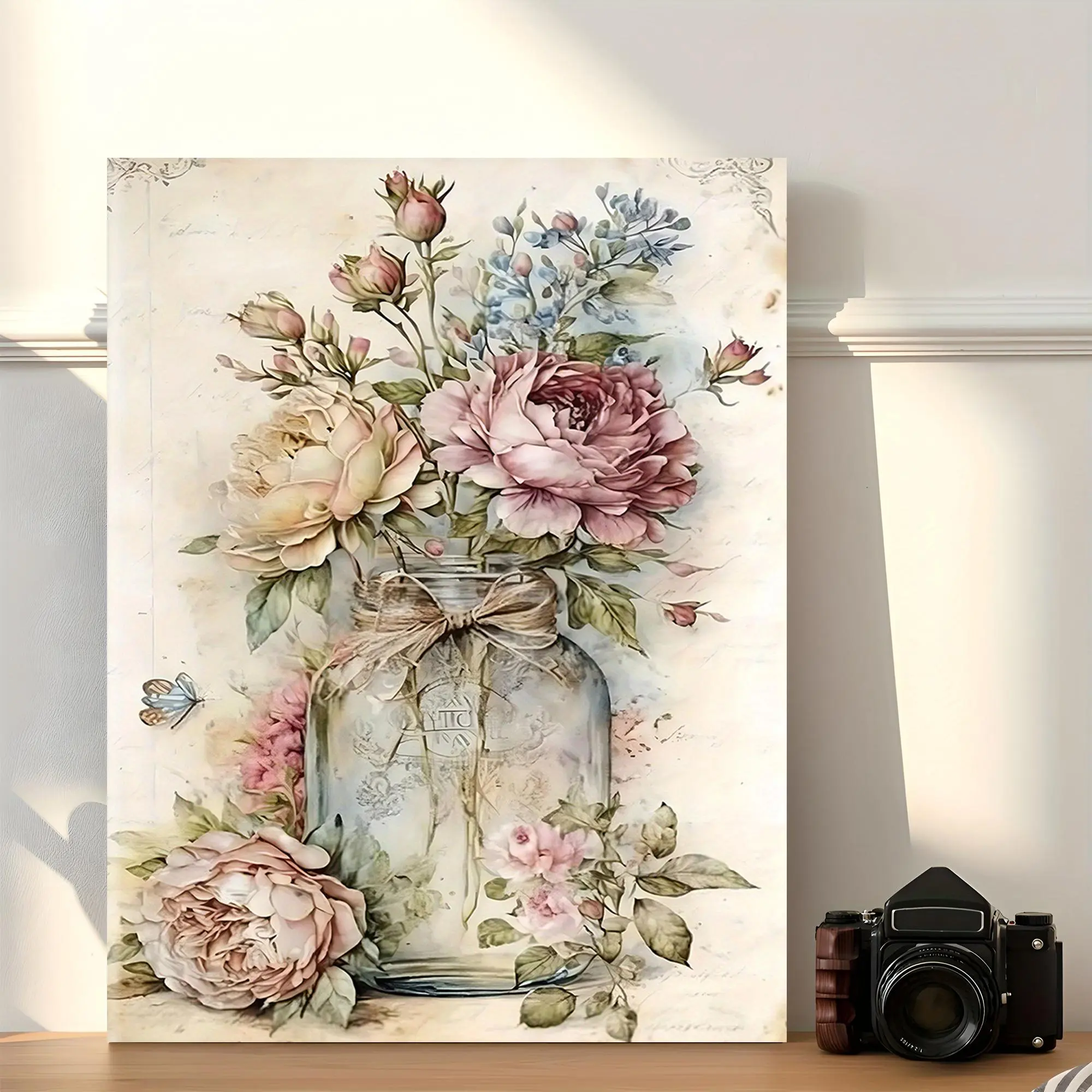 1pc Framed Floral Canvas Wall Art - Country Rustic "Bottle Flowers" Decorative Painting with Botanical Pattern & Floral Motif, Indoor Home Decor for Living Room, Holiday Gift, Indoors