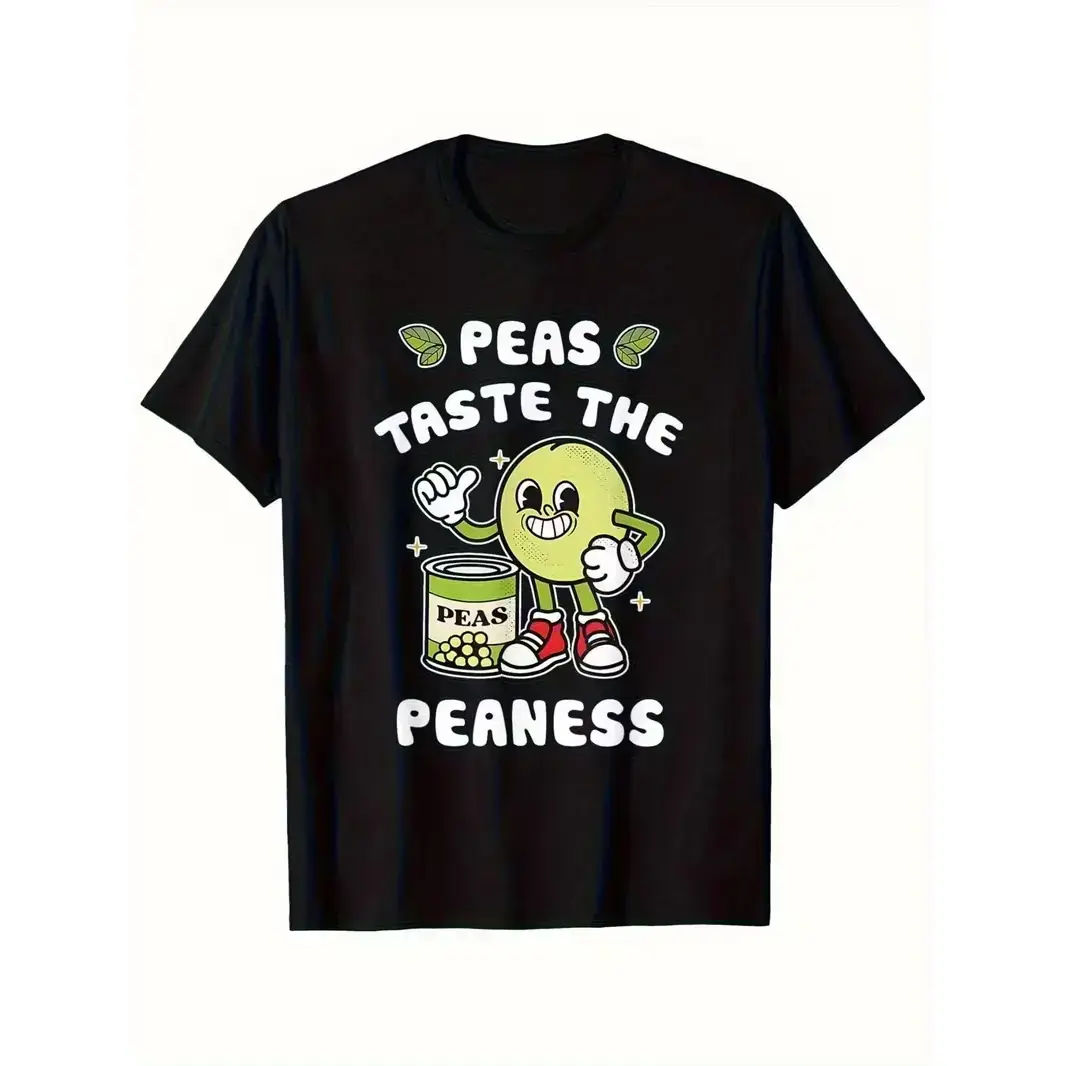 Men'S Fun Pea Pods And Pea Flavor Theme T-Shirt | Black Loose Short Sleeve Shirt With Cartoon Pea Pattern, Breathable Casual Style, Suitable For Daily Wear, Cute Food Theme Gift Choice (Size S-Xxl) - Suitable For All Seasons