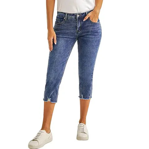 luvamia Women's High-Waisted Ripped Skinny Fit Denim Capri Pants - Stretchy, Pocketed, Small Size Options for Ladies, School, Date Night Streetwear Bottoms