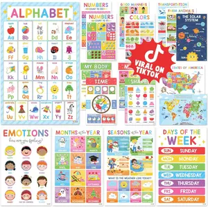 18 Laminated Educational Posters For Toddlers, Preschool Posters for Classroom, Kindergarten Wall Decor, PreK Learning Materials Alphabet Number Chart