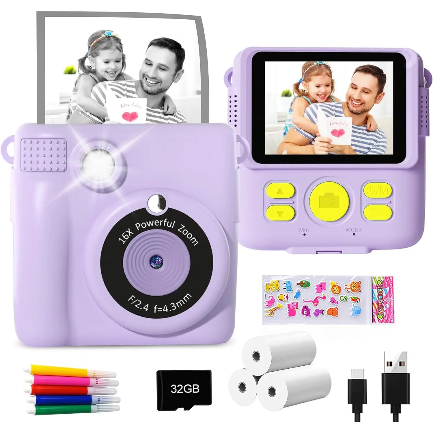 Instant Print Camera for  - 1080P HD Instant Print Photo - Christmas Birthday Gifts for  4 5 6 7 8 9 10   - Portable  with 3 Rolls Photo Paper, 32GB Card, Color Pens - Purple