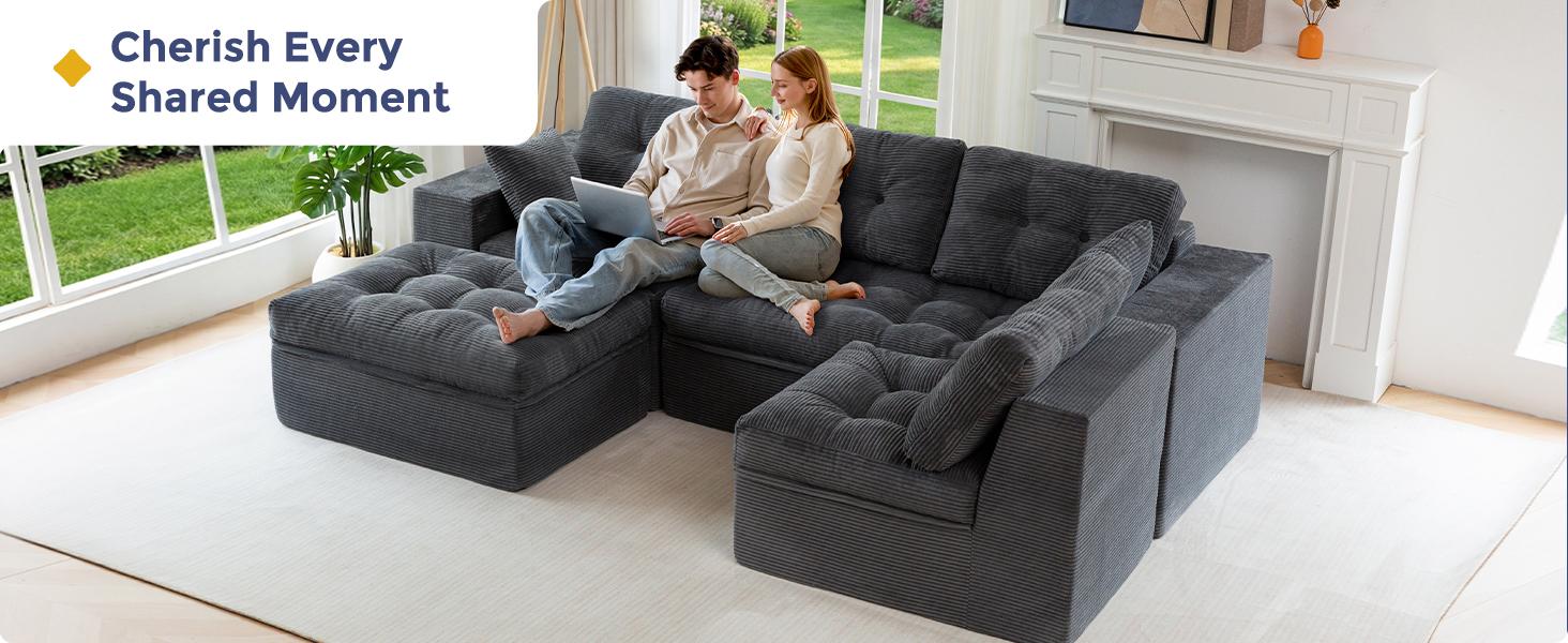 MAXYOYO 132" L Shaped Modular Sectional Sofa with Ottoman, Cloud Boneless Couch with Layered Cushion, Upholstered Sofa in a Box, Flexible Module Combination for Living Room, No Assembly