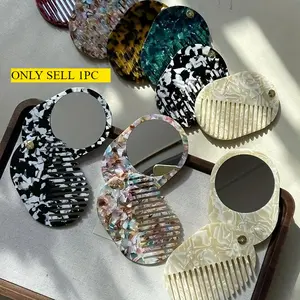 Portable Acetate Comb with Mirror - a Foldable Travel Makeup Mirror and Exfoliating Comb Combined in One, Featuring a Stylish and Elegant Pastel Beige--Golden Design, Hair Shedding Comb