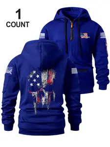 Men's Fall Winter Hooded Sweatshirt, Flag Print Design, Zipper Pocket Detail, Casual Loose Fit, Perfect for Holidays & Daily Wear