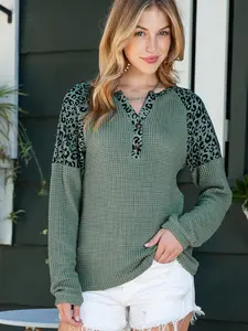 Spring New Casual V-Neck Patchwork Waffle Button Leopard Print Colorblock Knit Long Sleeve Top, Stylish Women's Fashion Innerwear