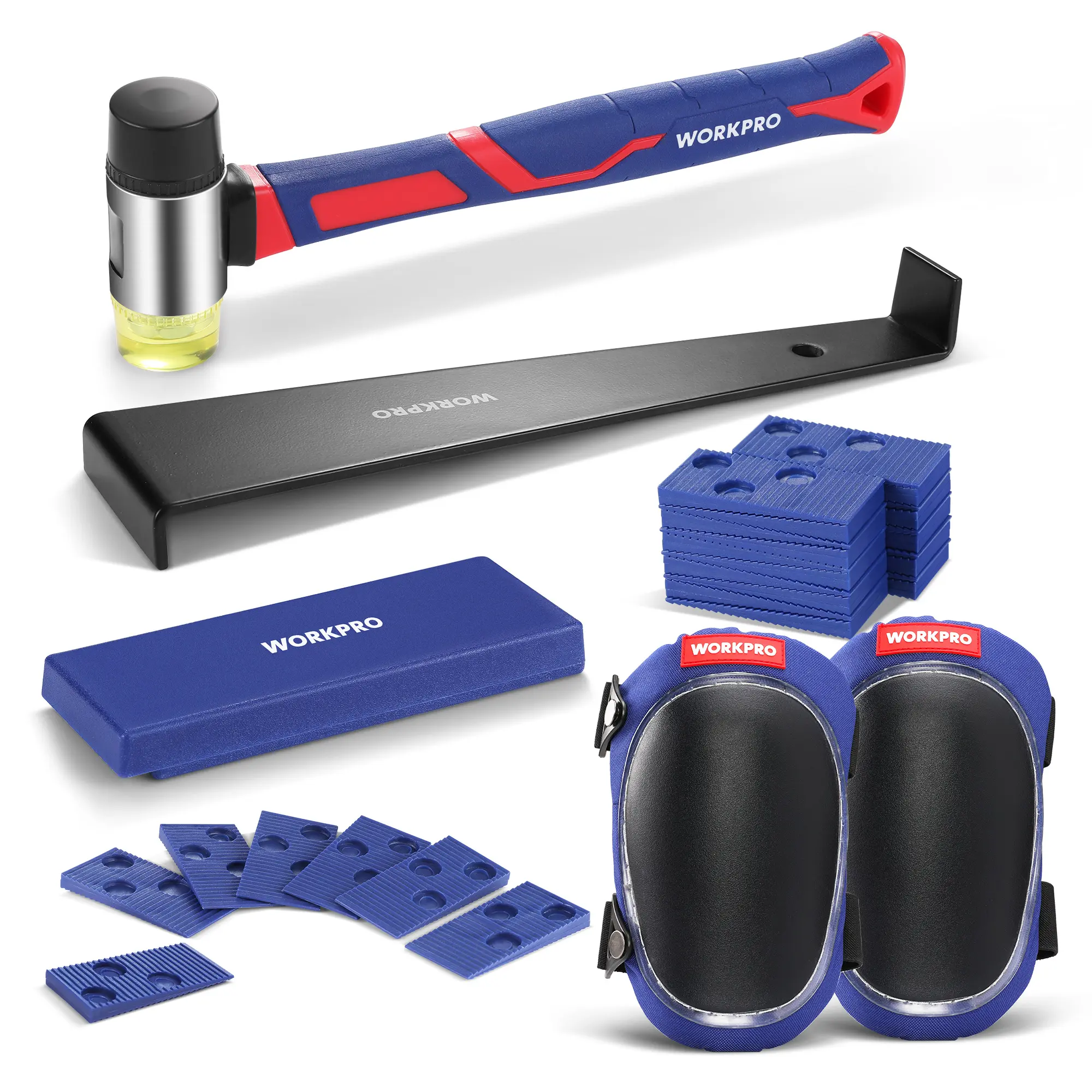 #fathersdaygift WORKPRO Laminate Flooring Installation Kit - Rubber Mallet with Fiberglass Handle, Knee Pads, Heavy Duty Pull Bar, Solid Tapping Block and Spacers - Premium Wood Flooring Installation Tool
