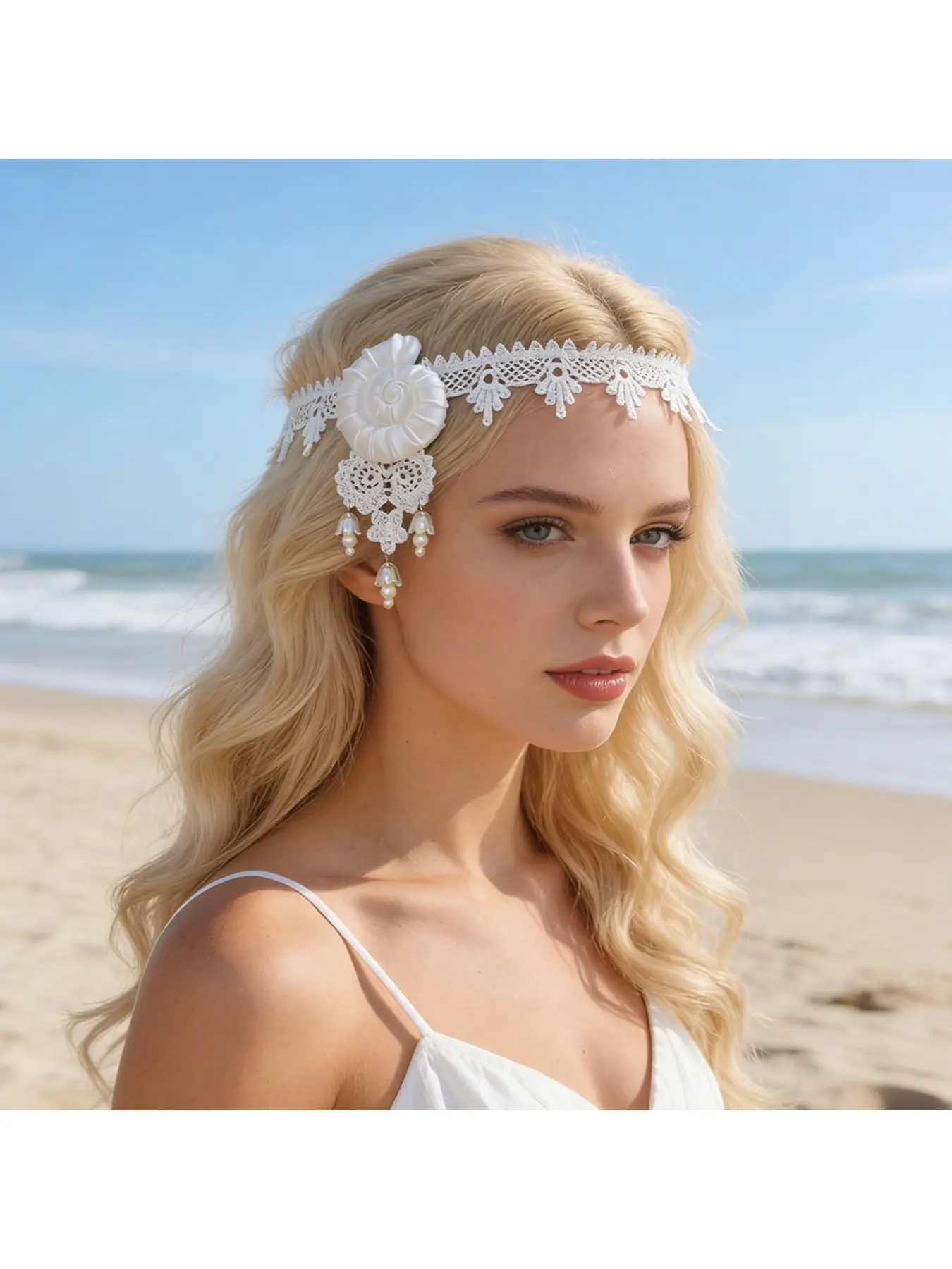 Seaside mermaid princess headband vacation seashell hairband lace flower crown travel accessory