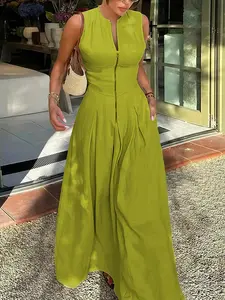 Women's Summer Casual Elegant A-line Loose Pleated Pockets Zipper Round Neck Long Minimalist Dress, Sleeveless Fitted Womenswear