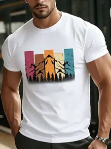 Men' & Women' Vintage Mountain Pine Forest Print T-Shirt - Breathable Loose Fit Short Sleeve Outdoor Top with Suitable for Hiking, Camping, Gym - Skin-Friendly Base Layer Shirt for Summer, Unisex Casual Wear (Machine Washable)