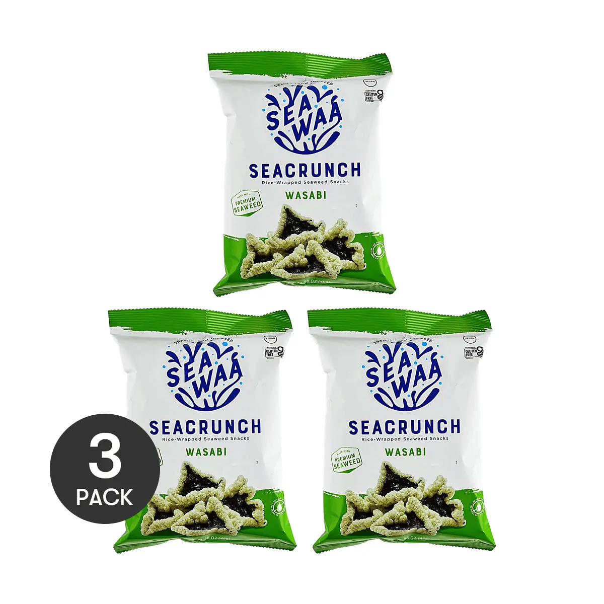 3 Pack SEAWAA Korean Rice-Wrapped Seaweed Snack Wasabi Flavor 1.58 oz - Gluten Free Vegan Crispy Nori