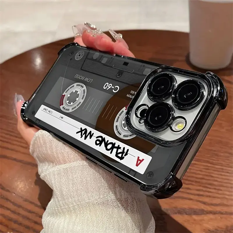 Retro radio design, four-corner airbag phone case, suitable for iPhone 11 12 13 14 15 16 Plus 17 Pro Max 17 Air, transparent protective case, lens protection.A2643