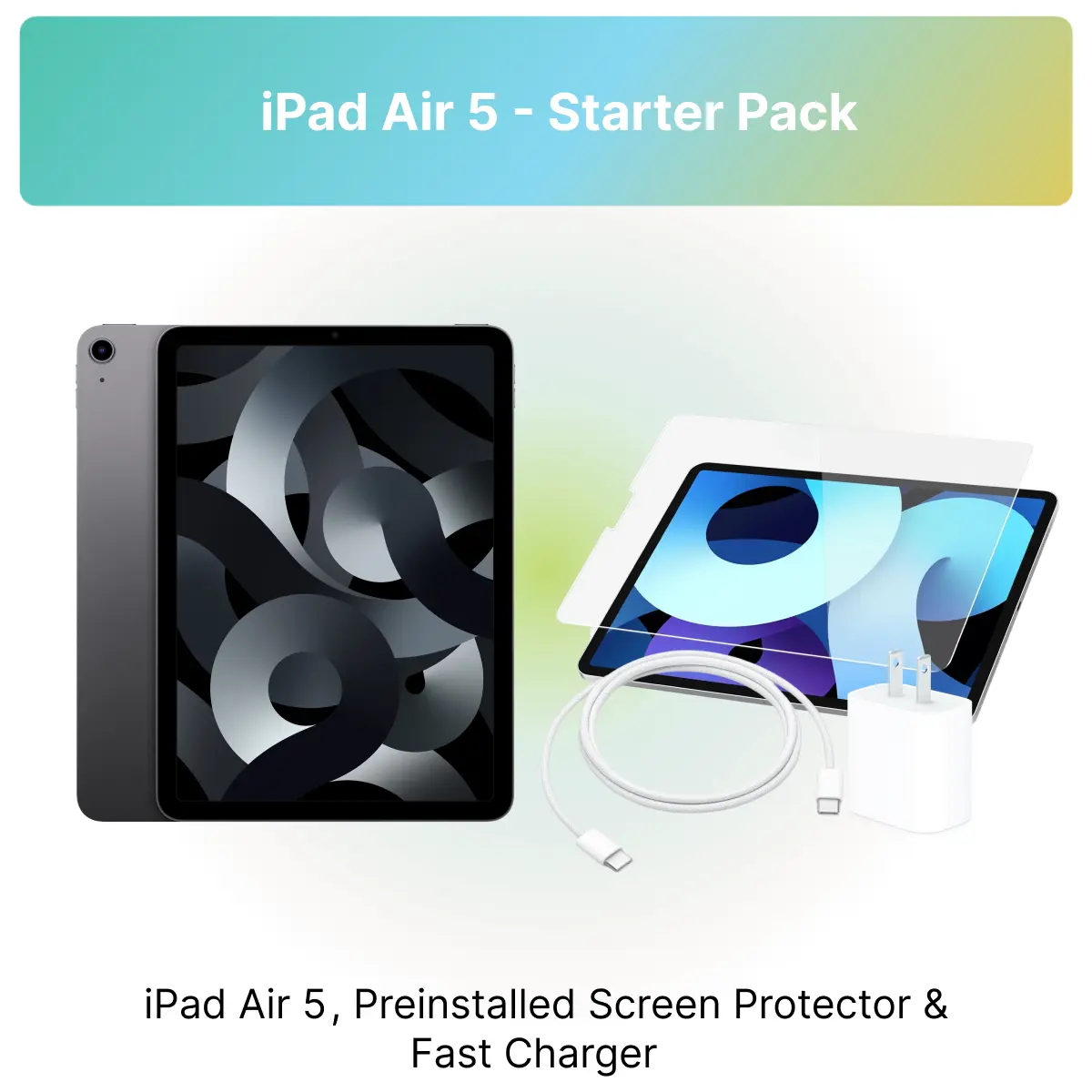 Refurbished iPad Air 5 - Starter Pack, Includes iPad Air 5, Preinstalled Screen protector, Fast Charger, and Plug 12-Month Warranty