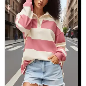 Rugby Shirt Women Striped Collared Long Sleeve Polo Shirts Oversized Color Block Sweatshirt Vintage Pullover Top Blue Womenswear Day Polyester