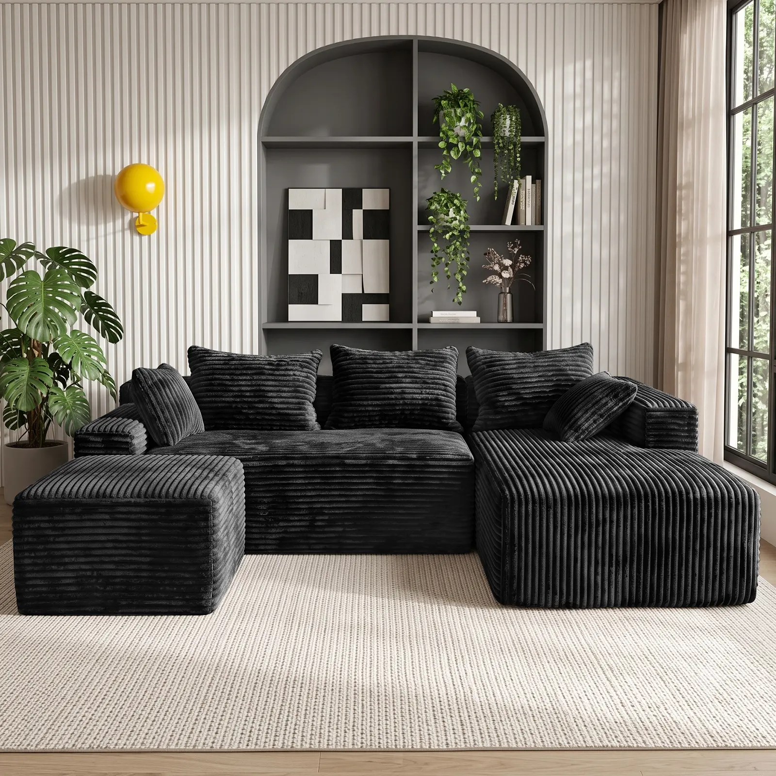 94.5" Black Corduroy Modular Sectional Sofa, 3-Seater Cloud Couch with Memory Foam, Deep Seat L-Shaped Sleeper Sofa with Ottoman, No Assembly, Washable Covers for Living Room