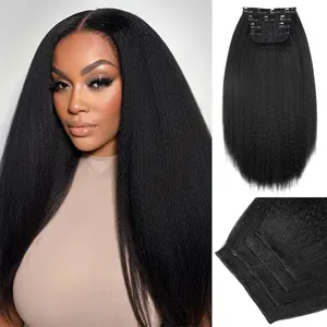 WIGNEE Kinky Straight Clip in Hair Extensions - 4 Pcs Yaki Straight with Lace Weft, 16 Inch Natural Black for Black Women - Seamless MEGA HAIR