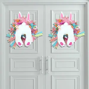 Easter Bunny Wreath, with colorful eggs, artificial Easter wreath, mixed flowers, green leaves, hanging rabbit shape, equipped with a straw hat and a bow, suitable for front doors and walls (rabbit tail style)