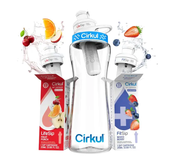 Cirkul 22oz Clear Plastic Water Bottle with Two No Sugar, 0 Cal Cartridges