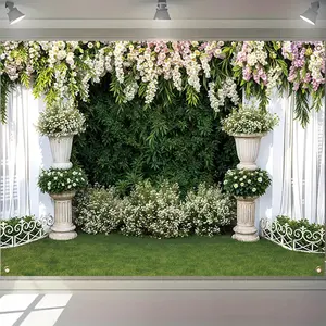 Wedding Themed Backdrop, 1 Count Flower Arch Pattern Decoration, Durable Polyester Wedding Party Backdrop for Church and Photography Celebration, Banners