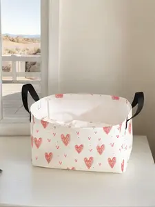 Heart Pattern Printed Open Storage Box, Multi-functional Storage Basket with Handle, Foldable Clothing Storage Box, Clothes Basket for Living Room, Bathroom, Kitchen, Toiletries Basket