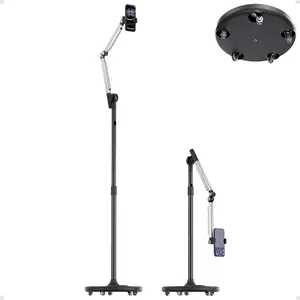Floor Phone Stand for Recording, Overhead Phone Mount with Wheels and Weight Base, Free Rotation  Digital Heavy Duty Stand with Adjustable Angles & Height for Content Creation