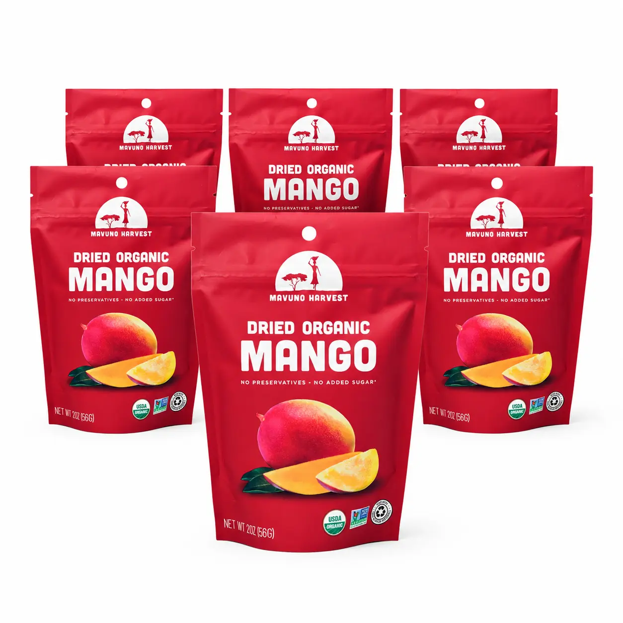 Mavuno Harvest Organic Unsweetened Dehydrated Mango Fruits Slices, 2oz Packs (Pack of 6) - Ambient, No Preservatives, Plant-Based Gluten-Free Snack