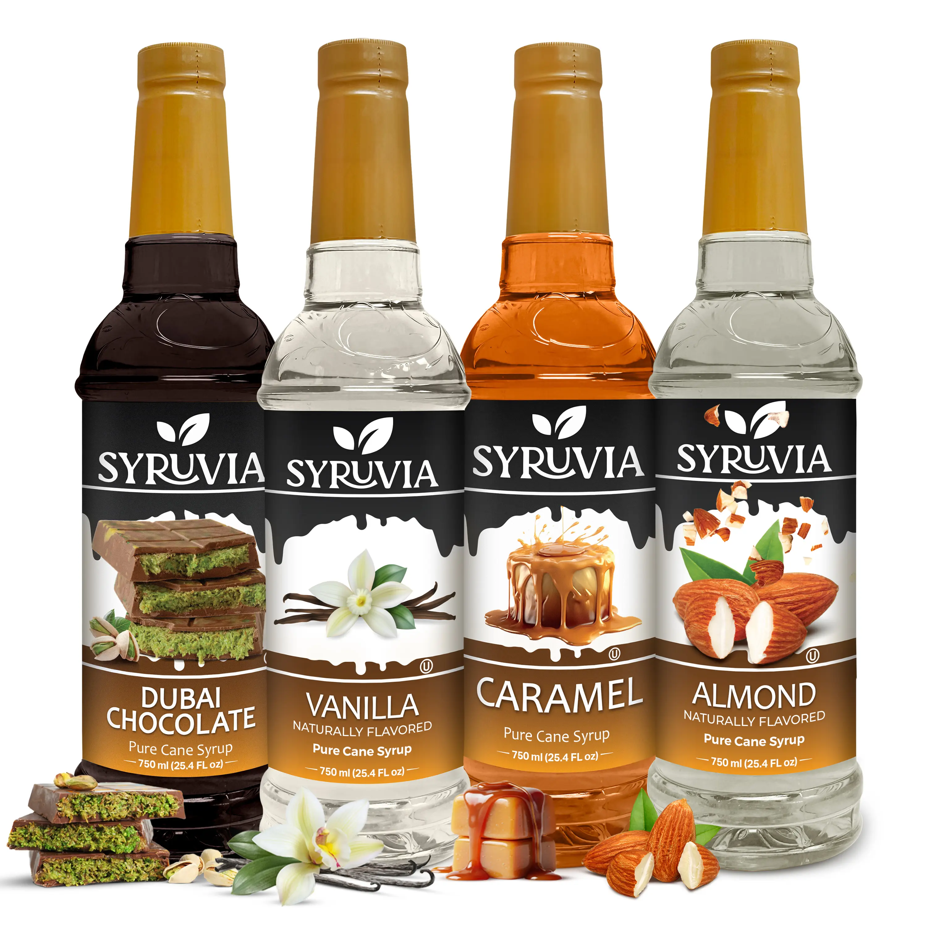 Syruvia Premium Collection – Dubai Chocolate, Vanilla, Caramel & Almond Flavored Syrup – Perfect for Coffee, Ice Cream, Desserts & More – 25.4 Fl oz Bottles (4 Pack)