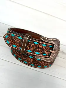Dark Tooled Sunflower Turquoise Buckstitch Belt