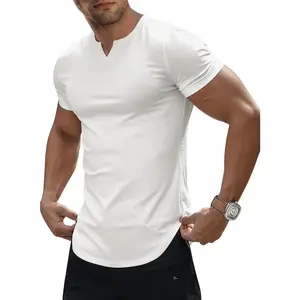 Men's Muscle V-Neck T Shirt Short Sleeve Longline Ribbed Henley Shirt Gym Workout Athletic Tee Shirts Dry Fit Active Athleisure Street Fit