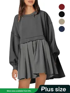 Plus Size Women's Solid Color Basic Lady Casual Wear Long Sleeve Round Neck Pullover Dress, Short Fitted Style for Fall & Winter Seasons Womenswear