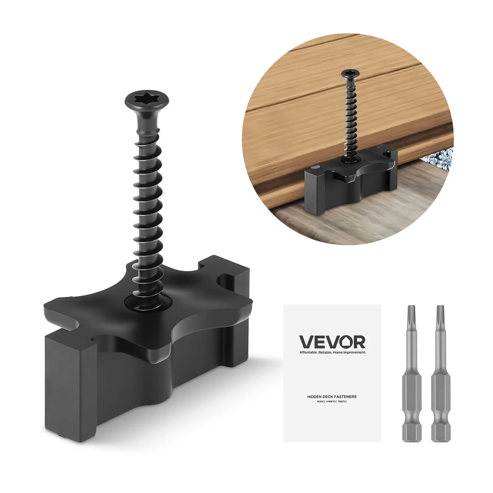 VEVOR 1000PCS Plastic T-Clips Hidden Deck Fasteners for Composite Decking Board, Universal Home Improvement Fasteners with Metal Screws, Polypropylene for 0.26in Gaps, Black
