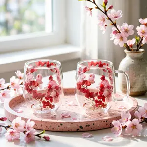 2Pcs Pink & Red Preserved Flower Double Wall Glass Cup Set, 350ml Heat-Resistant Borosilicate Glass, Ins Style Eternal Flower Couple Coffee Mugs, Mother's Day Cozy Aesthetic Dried Flower Transparent Drinking Cups