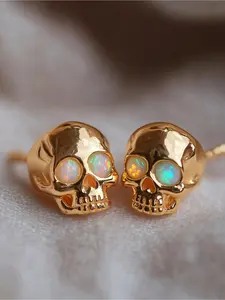 Punk Gothic Skull Synthetic Opal Stud Earrings for Women Men | Rose Golden Silvery, Vintage Style, Copper Post, Party and Daily Jewelry, Suitable for All Seasons