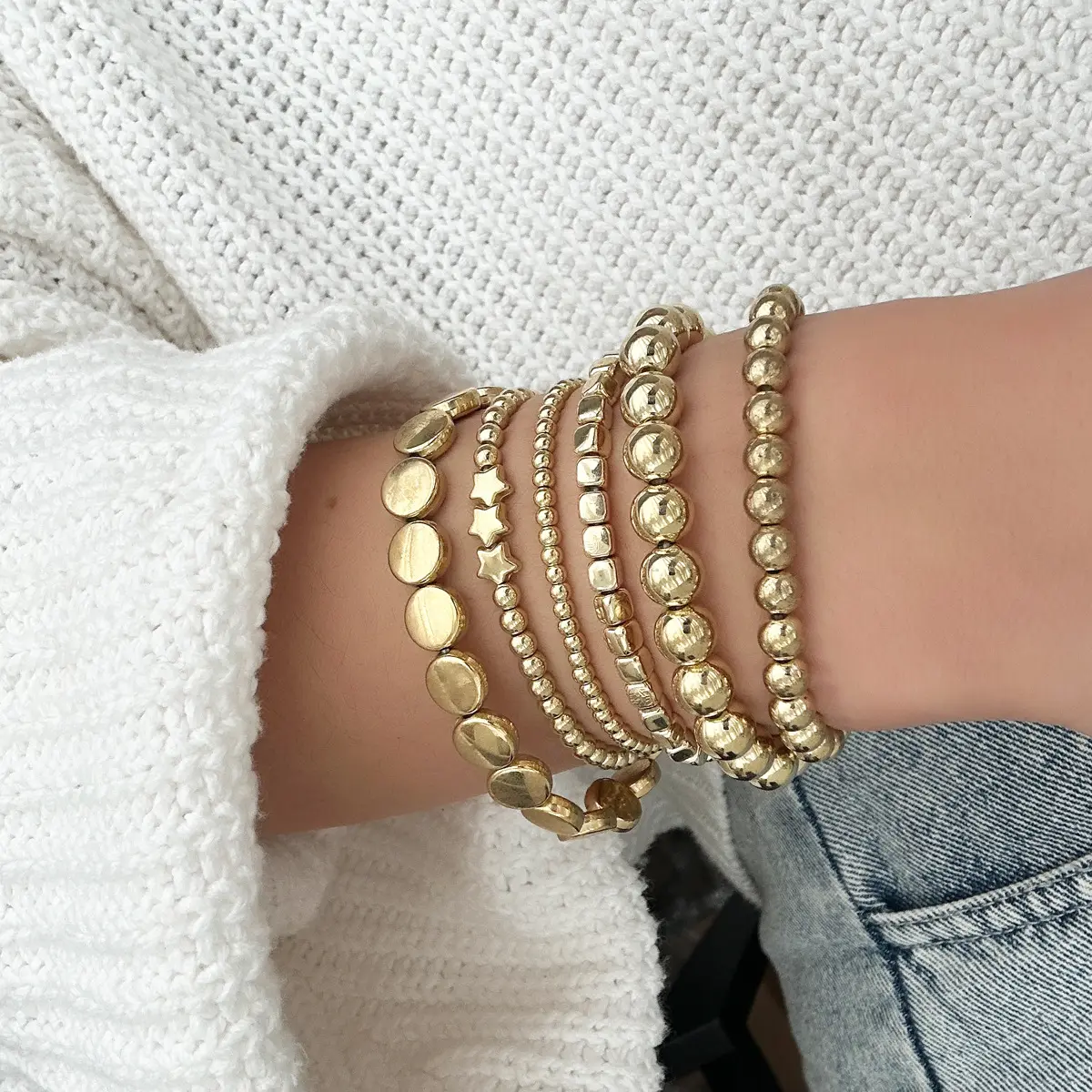 Women's Ciara Alloy Beaded Stack Bracelet - Handmade Detail Geometric Chain, Casual Daily Versatile Layered Look Female Fashion Costume Chain Jewelry Bracelets & Bangles, Beads, Alloy Chain